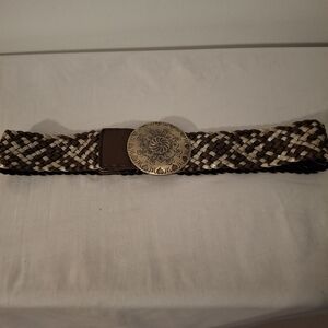 Southwestern Concha Women's Brown And Gold Woven Leather Belt with Gold Buckle